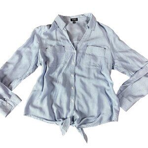 Jones New York Top Sz L Blue & White Stripe Button-Up Tie Waist Blouse #261A